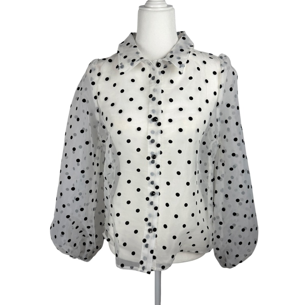 White Sheer Organza Black Polka Dot Blouse Top Womens Medium Puffed Sleeves